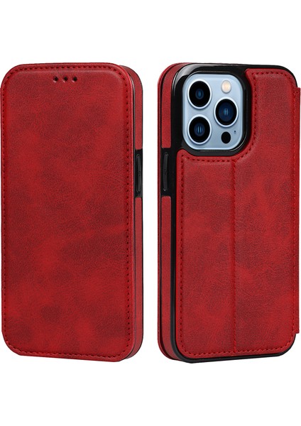 Iphone 13 Pro Telefon Kılıfı Pu Deri+Tpu Manyetik Otomatik Absorbed Stand Kılıfı Kart Tutucu 6.1 Inç-Kırmızı (Yurt Dışından)