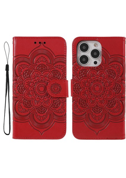 Iphone 13 Pro Telefon Kılıfı Için Mandala Çiçek Koruyucu Deri Kılıf Stand Cüzdanı 6.1 Inç-Kırmızı (Yurt Dışından)