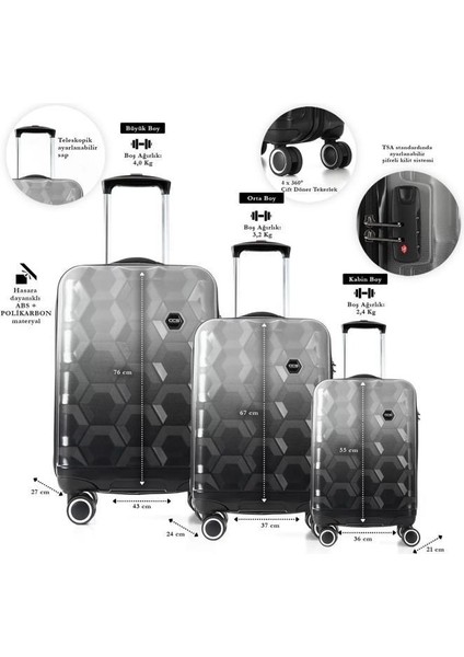 Ççs 5226 Siyah-Gri Polikarbon Valiz Seti-Hexa fiyatları
