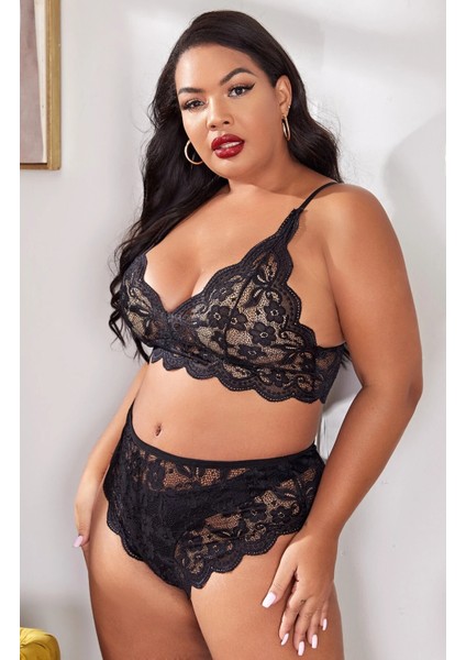 Kadın Dantel Battal Boy Iç Çamaşır Takımı - Büyük Beden Sütyen ve Külot Takımı - 6100