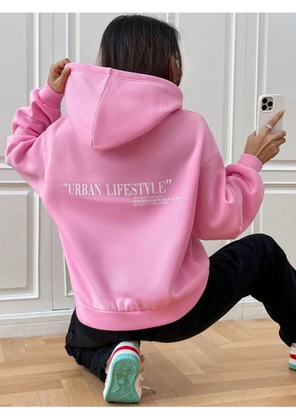 Kadın Pembe Urban Lifestyle Baskılı Oversize Kapüşonlu Sweatshirt