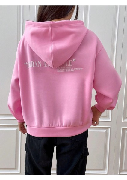 Kadın Pembe Urban Lifestyle Baskılı Oversize Kapüşonlu Sweatshirt