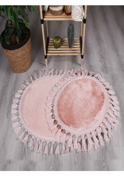 Modern Simirna Dekoratif Peluş Oval Ponpon Saçaklı Klozet Takımı