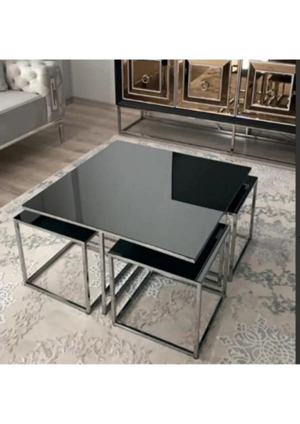 Pizza Model Gümüş Ayak Füme Aynalı 5 Parça Sehpa modelleri