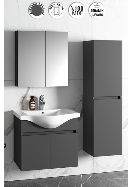Yıldız 65+35 cm Antrasit Gri Mat Seramik Lavabolu Sepetli Asma Banyo Dolabı Takımı
