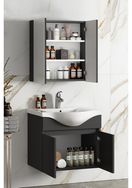 Yıldız 65+35 cm Antrasit Gri Mat Seramik Lavabolu Sepetli Asma Banyo Dolabı Takımı modelleri