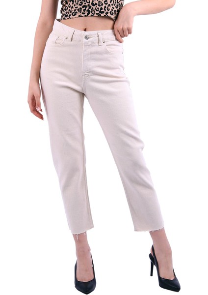Dikişsiz ve Kesik Paçalı Püsküllü Yüksek Belli Kadın Kot Pantolon Denim Esnek Dört Mevsim Naturel