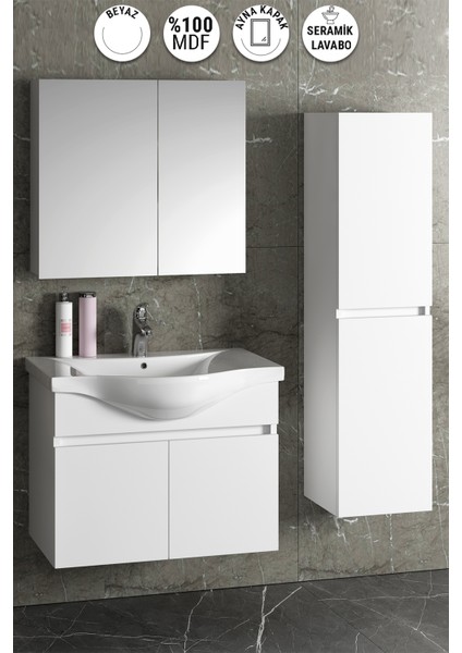 Yıldız 80+35 cm Beyaz Mdf Seramik Lavabolu Sepetli Asma Banyo Dolabı Takımı