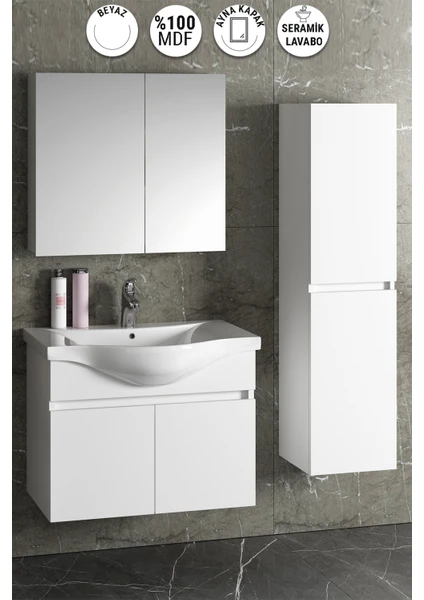 Yıldız 80+35 cm Beyaz Mdf Seramik Lavabolu Sepetli Asma Banyo Dolabı Takımı