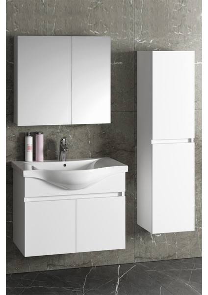 Yıldız 80+35 cm Beyaz Mdf Seramik Lavabolu Sepetli Asma Banyo Dolabı Takımı