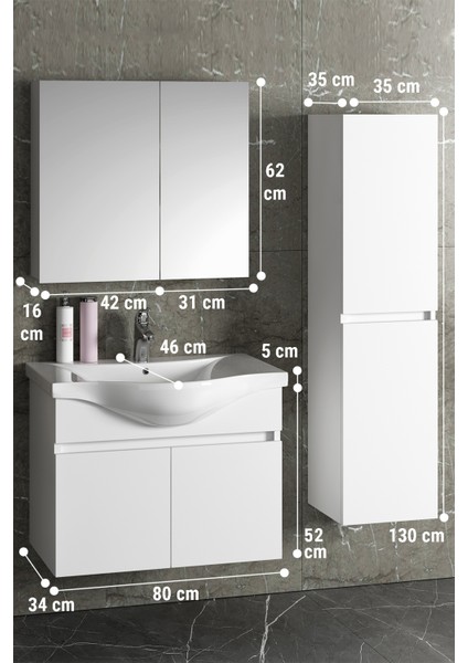 Yıldız 80+35 cm Beyaz Mdf Seramik Lavabolu Sepetli Asma Banyo Dolabı Takımı