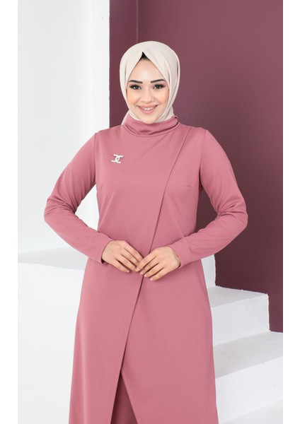 Broşlu Asimetrik Kesim İkili Takım-3132 Gülkurusu