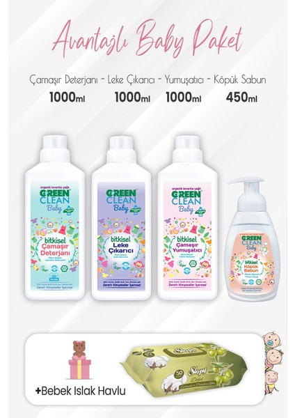 Baby Köpük Sabun 450 Ml, Deterjan, Yumuşatıcı, Leke Çıkarıcı 1 Lt ve Zeytinyağlı Pamuklu 50'li