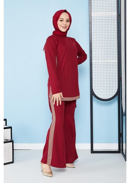 İspanyol Paça İkili Tesettür Kombin-5021 Bordo modelleri