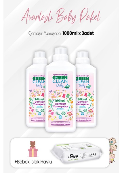 Green Clean Baby Çamaşır Yumuşatıcı 1 Lt x 3 Adet ve Natural Yenidoğan 60'lı