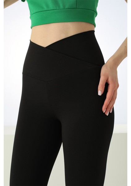 Çapraz Kemer Yüksek Bel Toparlayıcı Sıkılaştırıcı Dalgıç Kumaş Günlük Spor Kadın Tayt Siyah