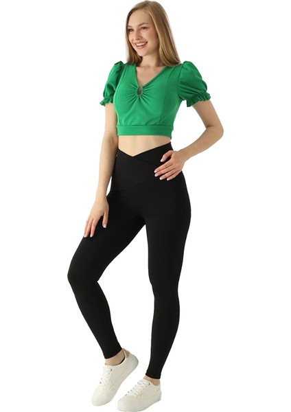 Çapraz Kemer Yüksek Bel Toparlayıcı Sıkılaştırıcı Dalgıç Kumaş Günlük Spor Kadın Tayt Siyah modelleri