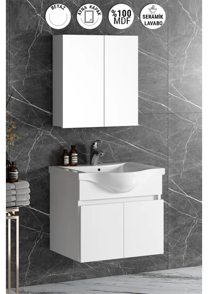 Yıldız 55 cm Beyaz Mdf Seramik Lavabolu Asma Banyo Dolabı Takımı