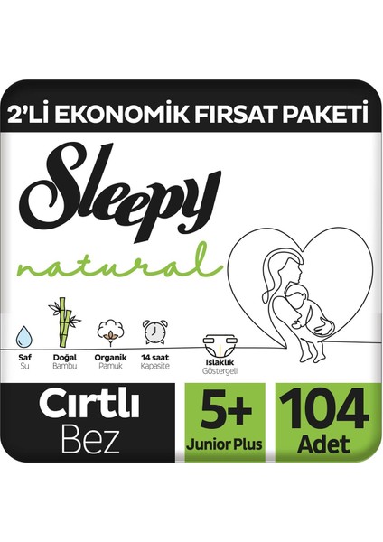 Natural 2'li Ekonomik Fırsat Paketi Bebek Bezi 5+ Numara Junior Plus 104 Adet