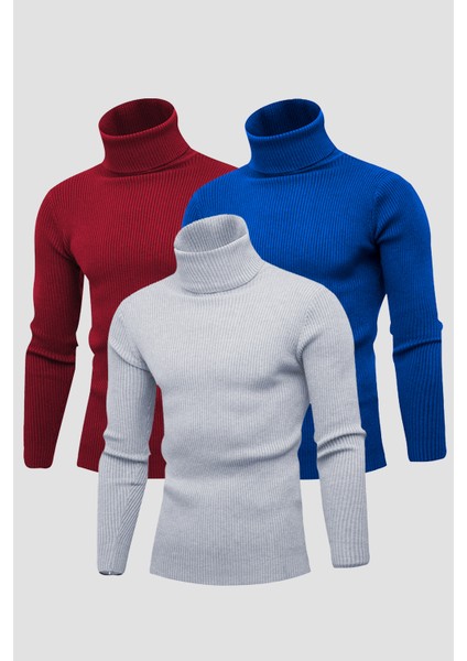 3’lü Hazır Paket Balıkçı Yaka Kaşkorse Slimfit Boğazlı Kazak