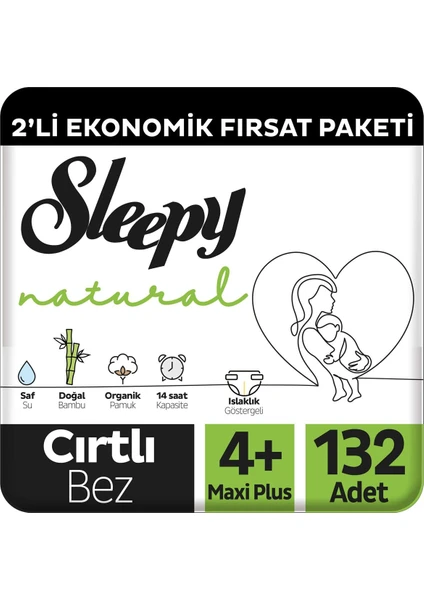 Natural 2'li Ekonomik Fırsat Paketi Bebek Bezi 4+ Numara Maxi Plus 132 Adet