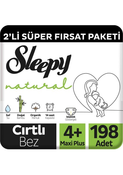 Natural 2'li Süper Fırsat Paketi Bebek Bezi 4+ Numara Maxi Plus 198 Adet