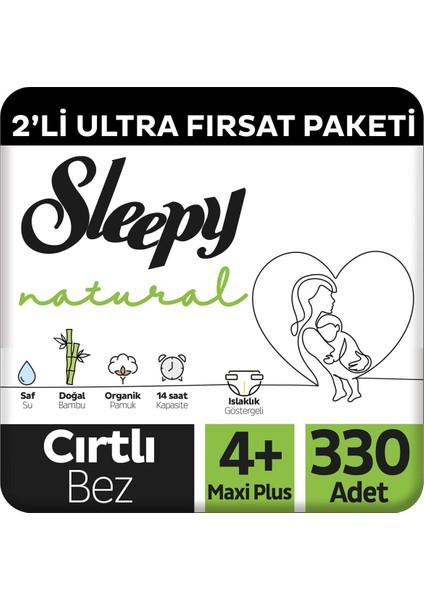 Natural 2'li Ultra Fırsat Paketi Bebek Bezi 4+ Numara Maxi Plus 330 Adet