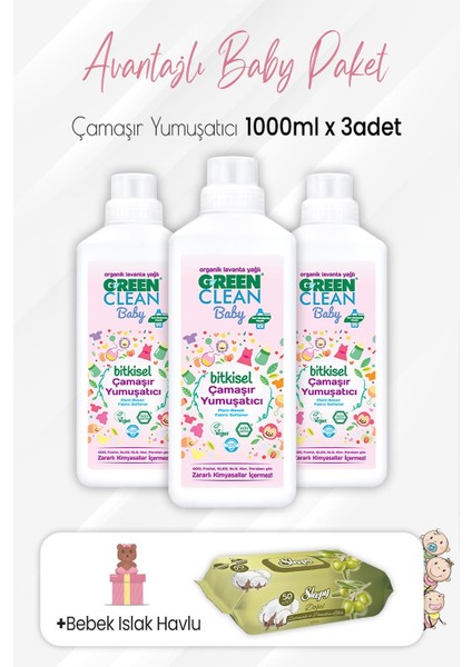 Green Clean Baby Yumuşatıcı 1000 ml x 3 Adet ve Zeytinyağlı Pamuklu 50'li