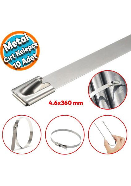 Cırt Kelepçe Metal Paslanmaz Çelik Kablo Zip Bağı Çok Amaçlı Bağlama 4.6X360 10 Adet