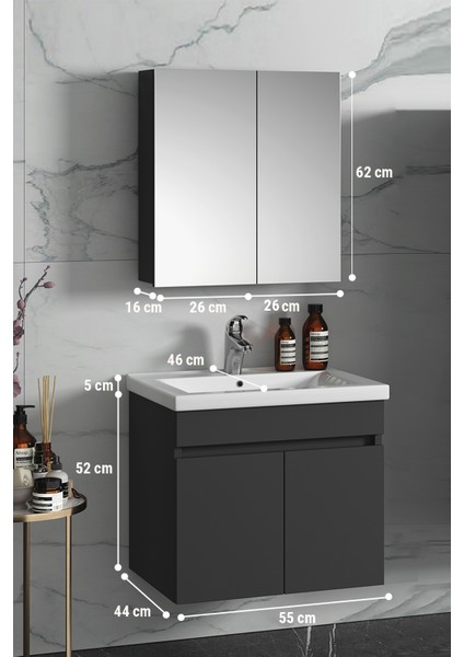Çiğdem 55 cm Antrasit Gri Mat Mdf Seramik Lavabolu Asma Banyo Dolabı Takımı indirimleri
