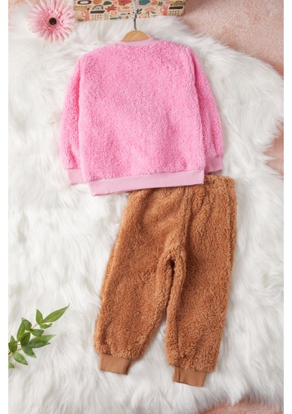 Damla Bebe Pembe Çiçek Nakışlı Kız Bebek Peluş Eşofman Takımı 17122