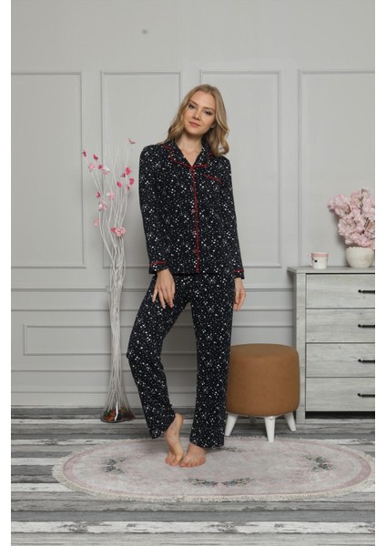 Kadın Lacivert Kırmızı Mevsimlik Pamuk Pijama Takımı modelleri
