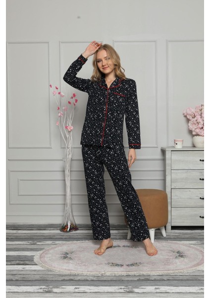 Kadın Lacivert Kırmızı Mevsimlik Pamuk Pijama Takımı indirimleri