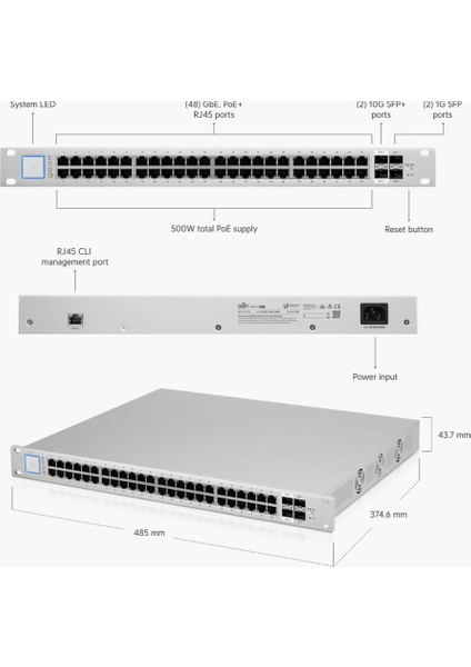 Ubnt US-48-500W , 48 PORT , 2*10G SFP , 2*1G SFP PORT , 500W PoE , L3 , YÖBETİLEBİLİR SWİTCH