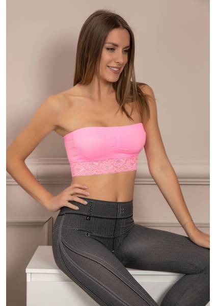 Pembe Çıkarılabilir Sünger Destekli Dantelli Bondeo