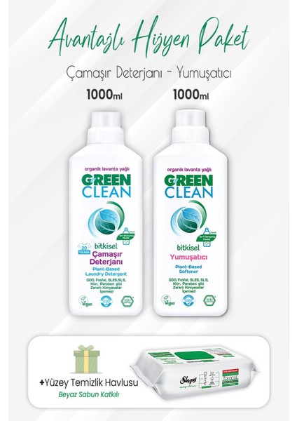 Green Clean Deterjan, Yumuşatıcı 1 Lt ve Easy Clean Yüzey Temizlik Havlusu 100' Lü