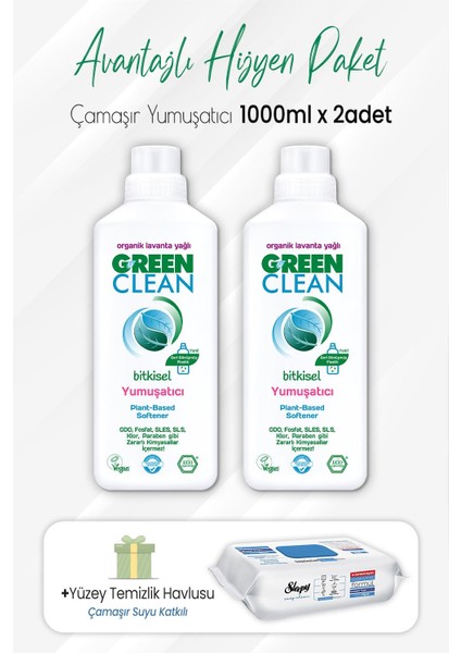 Green Clean Yumuşatıcı Lavanta 1 Lt x 2 Adet ve Easy Yüzey Temizlik Havlusu 100' Lü