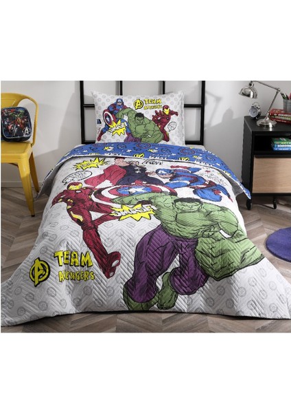 Avengers Team Mavi Tek Kişilik Fitted Çarşaf Kapitone Nevresim Takımı Seti