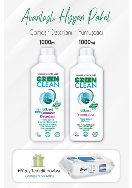 Green Clean Deterjan, Yumuşatıcı 1 Lt ve Çamaşır Sulu Yüzey Temizlik Havlusu 100' Lü