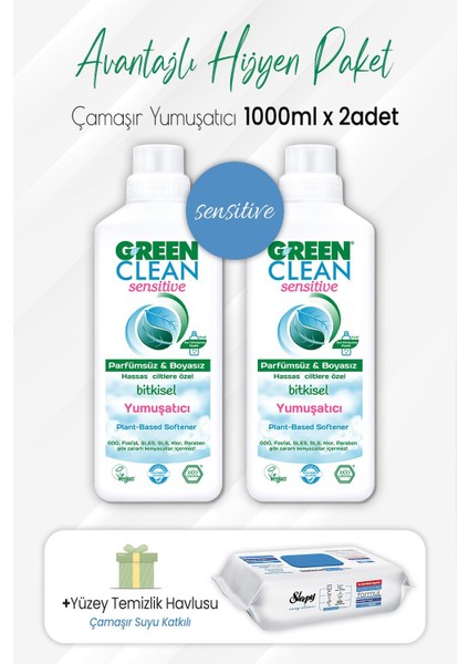 Green Clean Sensitive Yumuşatıcı 1 Lt x 2 Adet ve Çamaşır Sulu Temizlik Havlusu 100' Lü