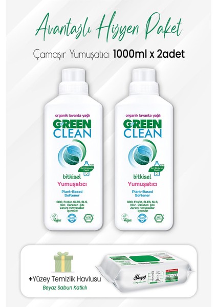 Green Clean Yumuşatıcı Lavanta 1 Lt x 2 Adet ve Easy Clean Temizlik Havlusu 100' Lü