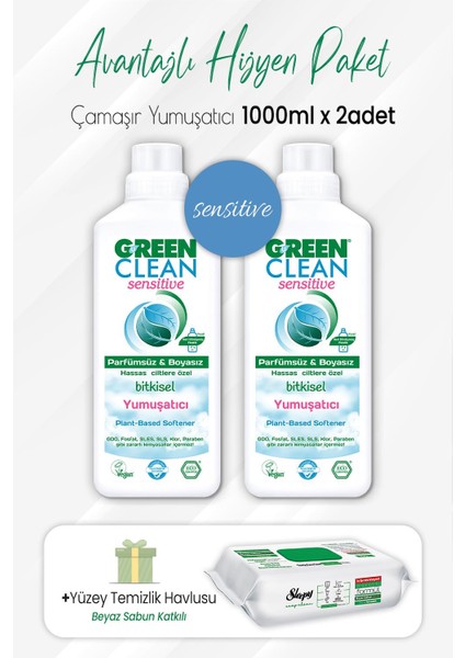 Green Clean Sensitive Yumuşatıcı 1 Lt x 2 Adet ve Easy Clean Temizlik Havlusu 100' Lü