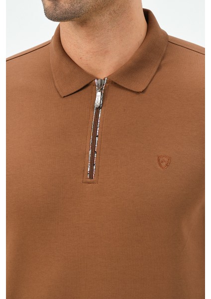 Kahve Fermuarlı Uzun Kollu Regular Fit Erkek Polo Yaka T-Shirt