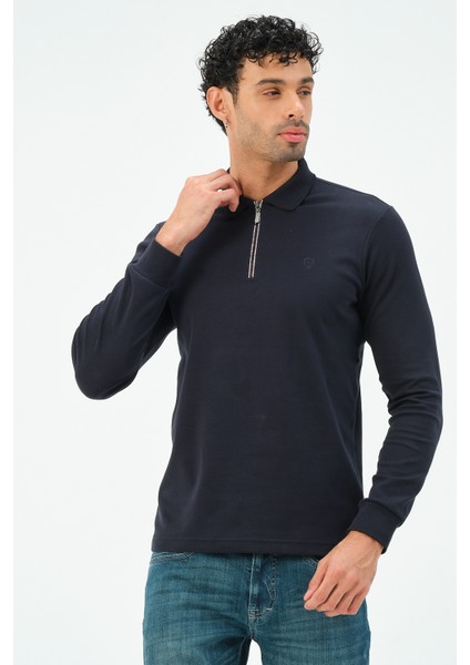 Lacivert Fermuarlı Uzun Kollu Regular Fit Erkek Polo Yaka T-Shirt modelleri