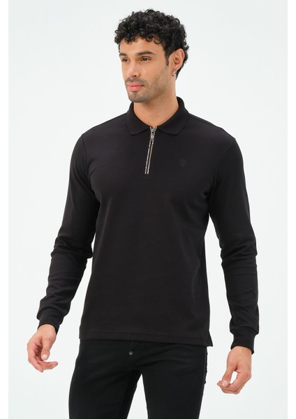 Siyah Fermuarlı Uzun Kollu Regular Fit Erkek Polo Yaka T-Shirt fiyatları