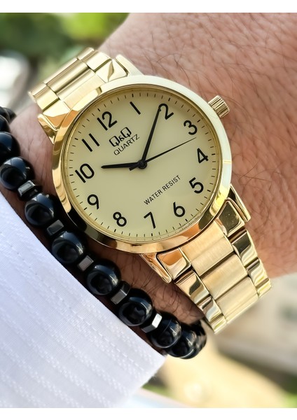 Q Q Marka Altın Sarısı, Çelik Kordon, Su Geçirmez, Rakamlı Erkek Kol Saati + Bileklik