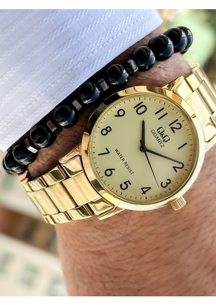 Q Q Marka Altın Sarısı, Çelik Kordon, Su Geçirmez, Rakamlı Erkek Kol Saati + Bileklik fiyatları