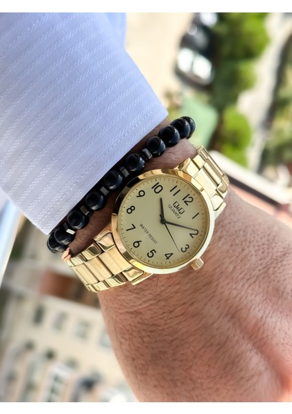 Q Q Marka Altın Sarısı, Çelik Kordon, Su Geçirmez, Rakamlı Erkek Kol Saati + Bileklik fırsatları