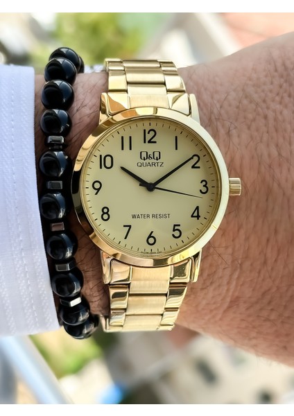 Q Q Marka Altın Sarısı, Çelik Kordon, Su Geçirmez, Rakamlı Erkek Kol Saati + Bileklik indirimleri