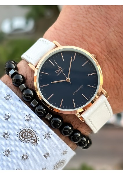 Retro Beyaz Renk , Su Geçirmez, Deri Kordon Erkek Kol Saati+Bileklik